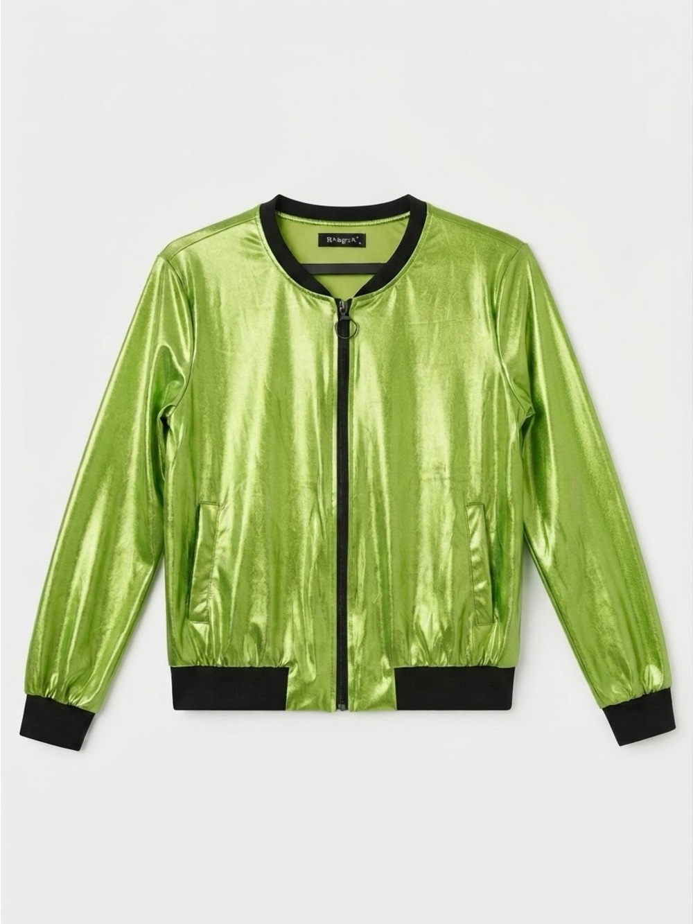 Allegra K Metallic Green Bomber Jacket Size M Shiny Neon Rave 80s  90s Costume